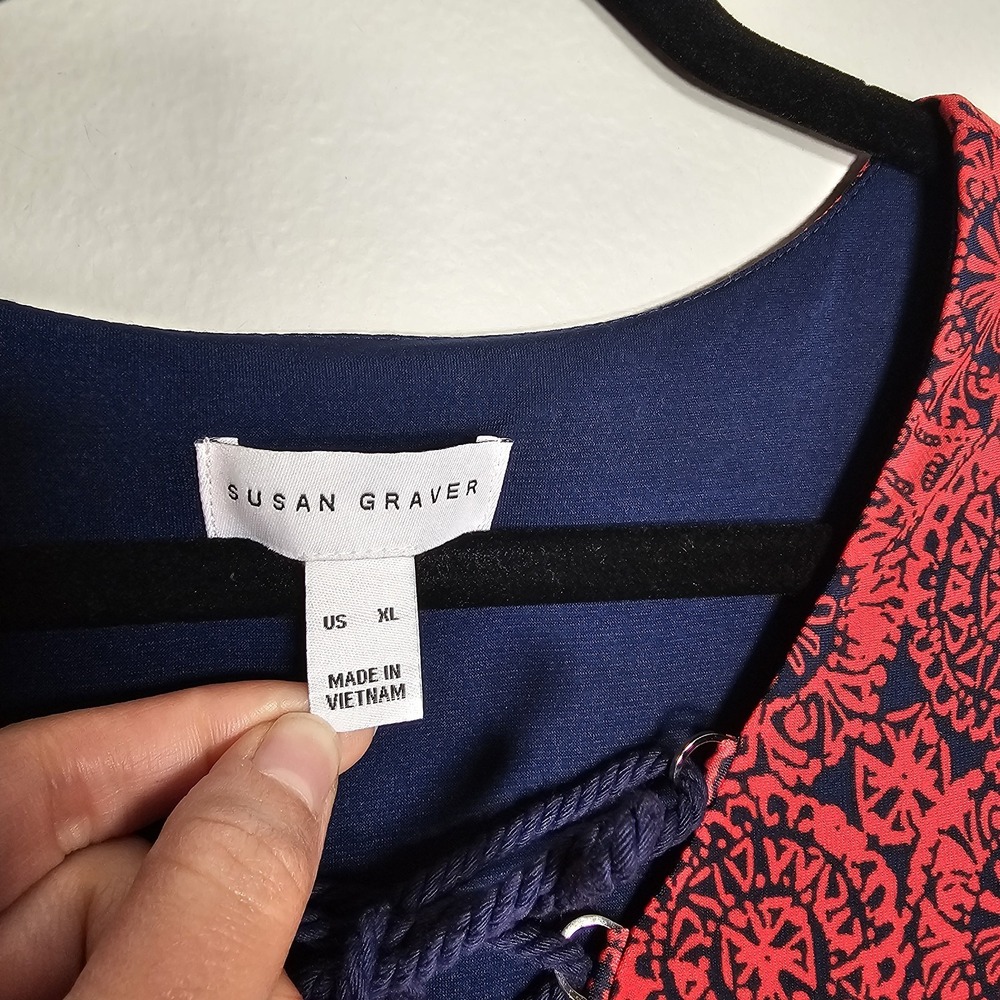 Susan Graver Womens XL Red Blue Geometric Liquid Knit Midi Dress Stretch Resort - Picture 8 of 10